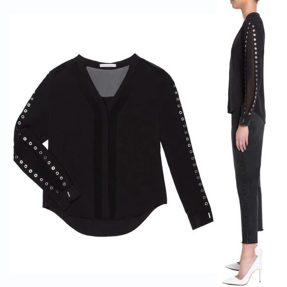 Chelsea & Walker 8 Silk Blouse | Black Sheer Panels, Grommet Sleeve, NWT $268 - Picture 3 of 11